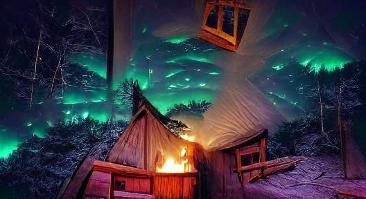 Northern lights in a forest cabin in norway