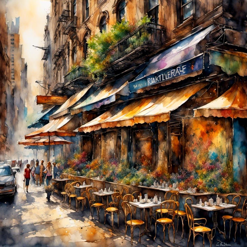 <lora:Undefined:1.0> <lora:WatercolorSplash:1.0> Urban NYC sidewalk Cafe with graffiti on the buildings around it, photo, Epic cinematic bri...