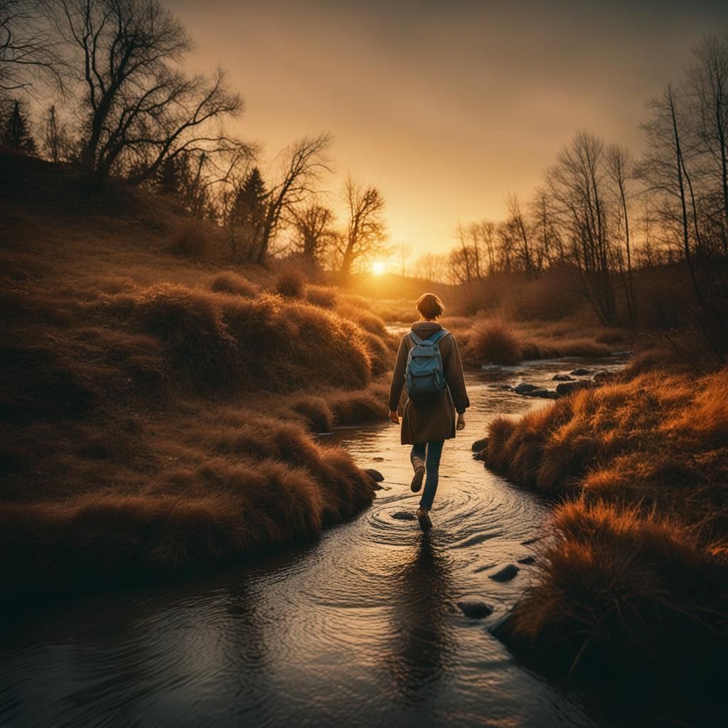 A woman walking through a stream while their is a sunset