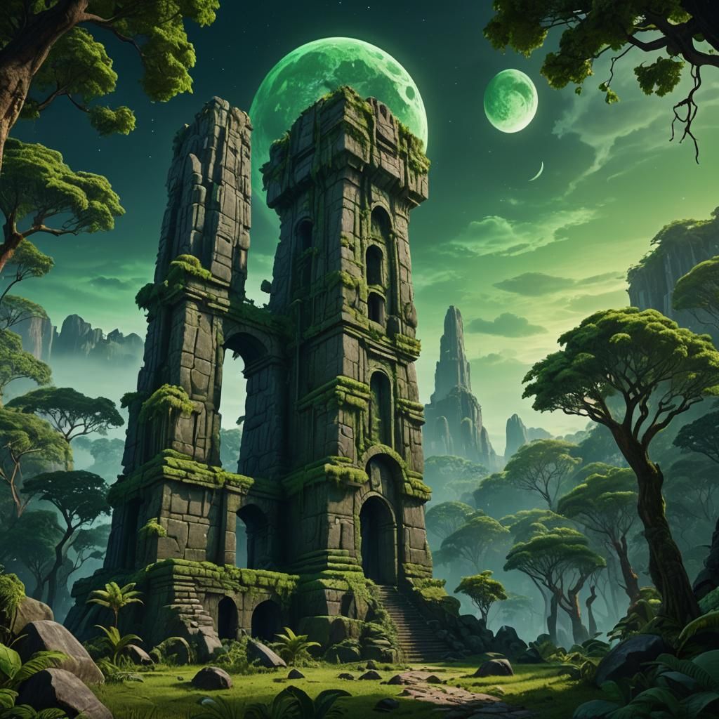 Mammoth stone tower in the jungle under green moon