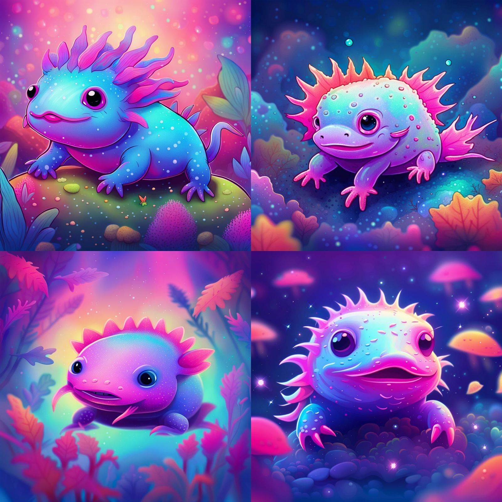 Axolotl, cute, cartoon, gradient background, colourful
