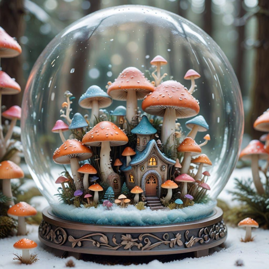 Mushroom Village in Snow Globe, Art Nouveau Style