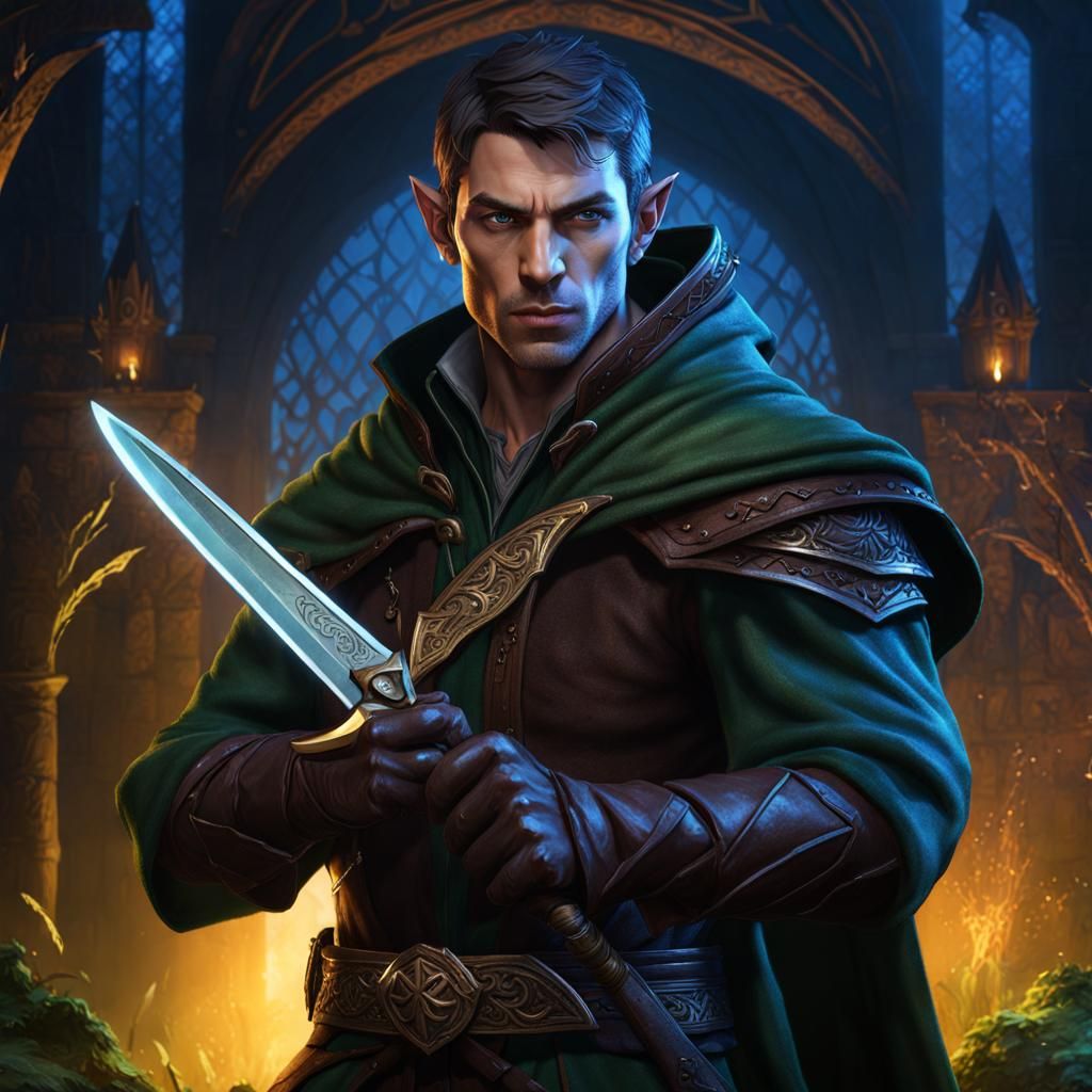 Male half elf with green cloak brown jacket holding a knife