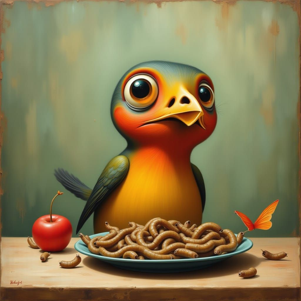 Surreal whimsical painting of a colorful confused funny anthropomorphic girly Robin bird! in full view with elongated forms, exaggerated pro...