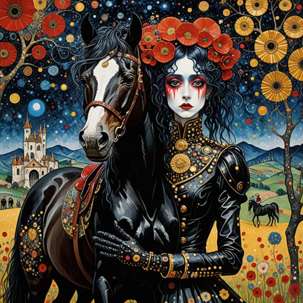 🐎🐎🐎 Poppypunk, horsepunk, glitterpunk. Gustav Klimt, Yoshitaka Amano, Tim Burton