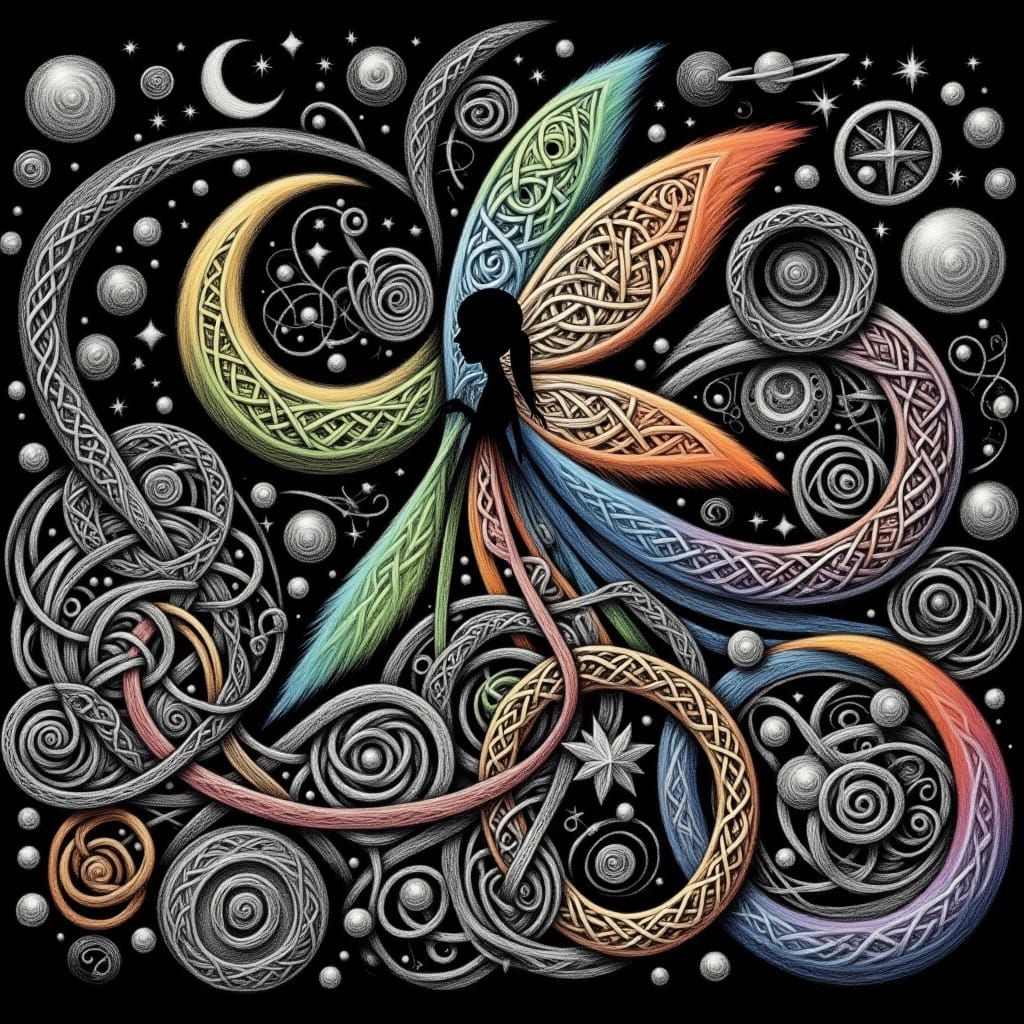 <lora:Knot Work Sketches:1.0>  Fairy in a Knotwork cosmos