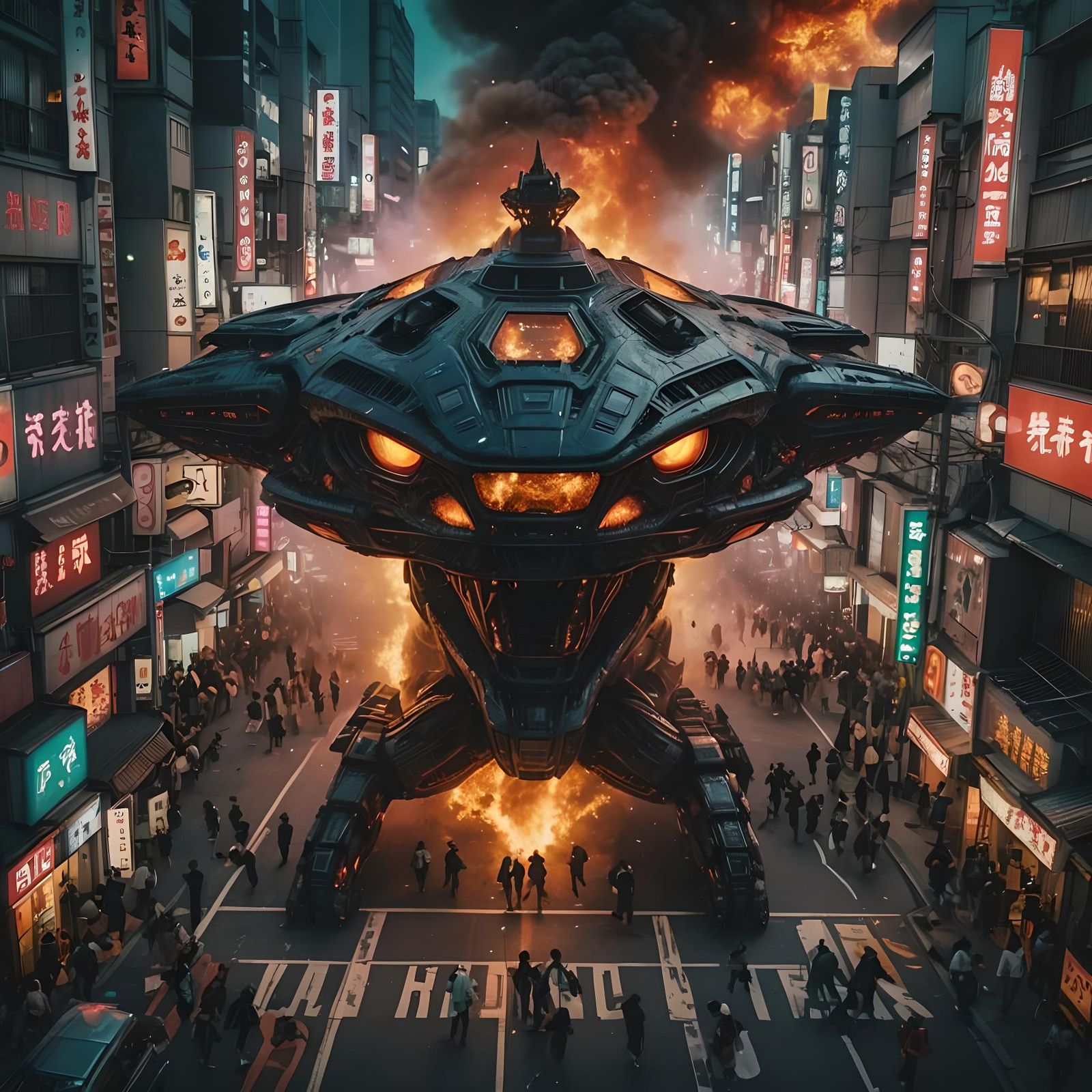 Alien spaceship land in Tokyo main street.