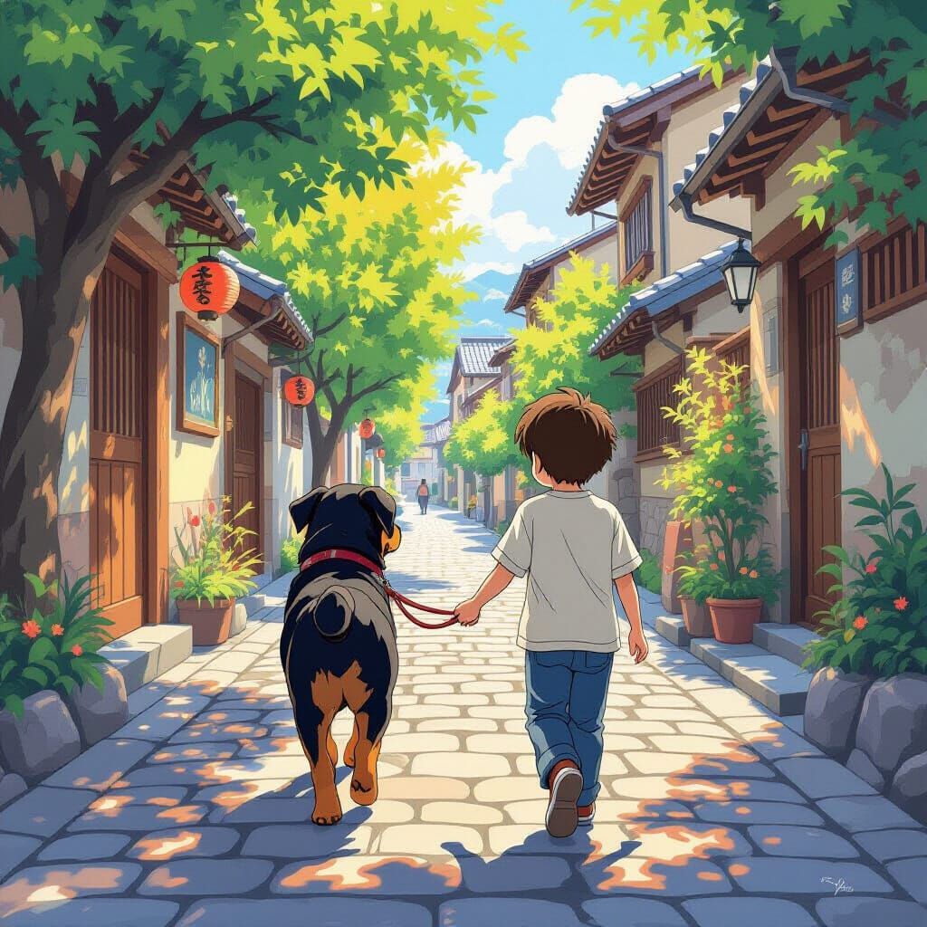 Boy and Rottweiler on Cobblestone Street in Anime Style