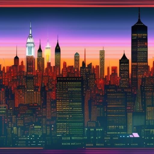 Large synthwave new york cityscape with bright lights