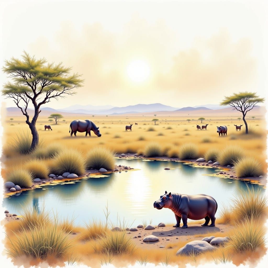 In Claude Monet style. Epic view of a savanna biome with a watering pool and a single hippo. No other animals are present. Watercolor. <lora...