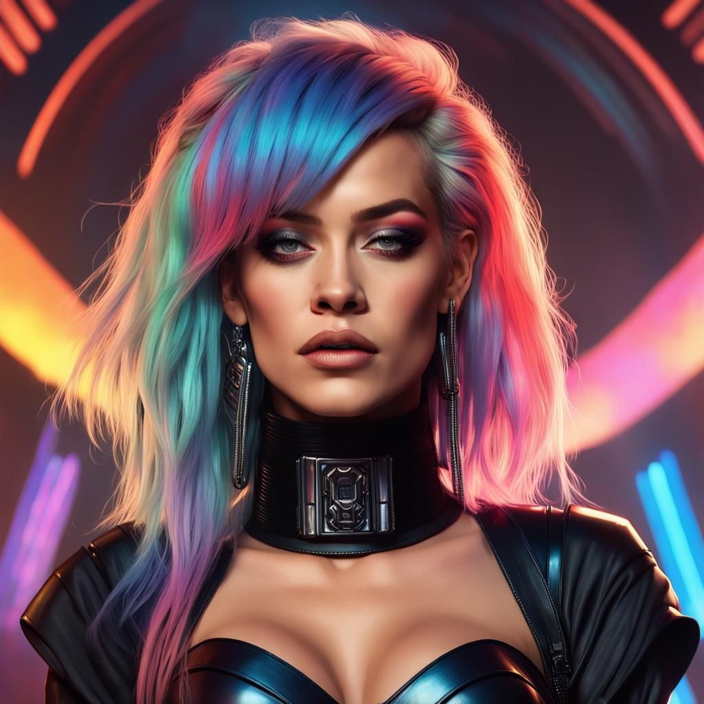 Rita Ora with long rainbow hair, wearing a shiny black sci fi corset ...