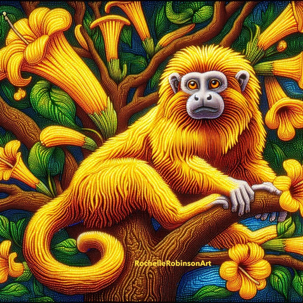 Golden Tamarin Monkey Lounging In A Golden Trumpet Tree