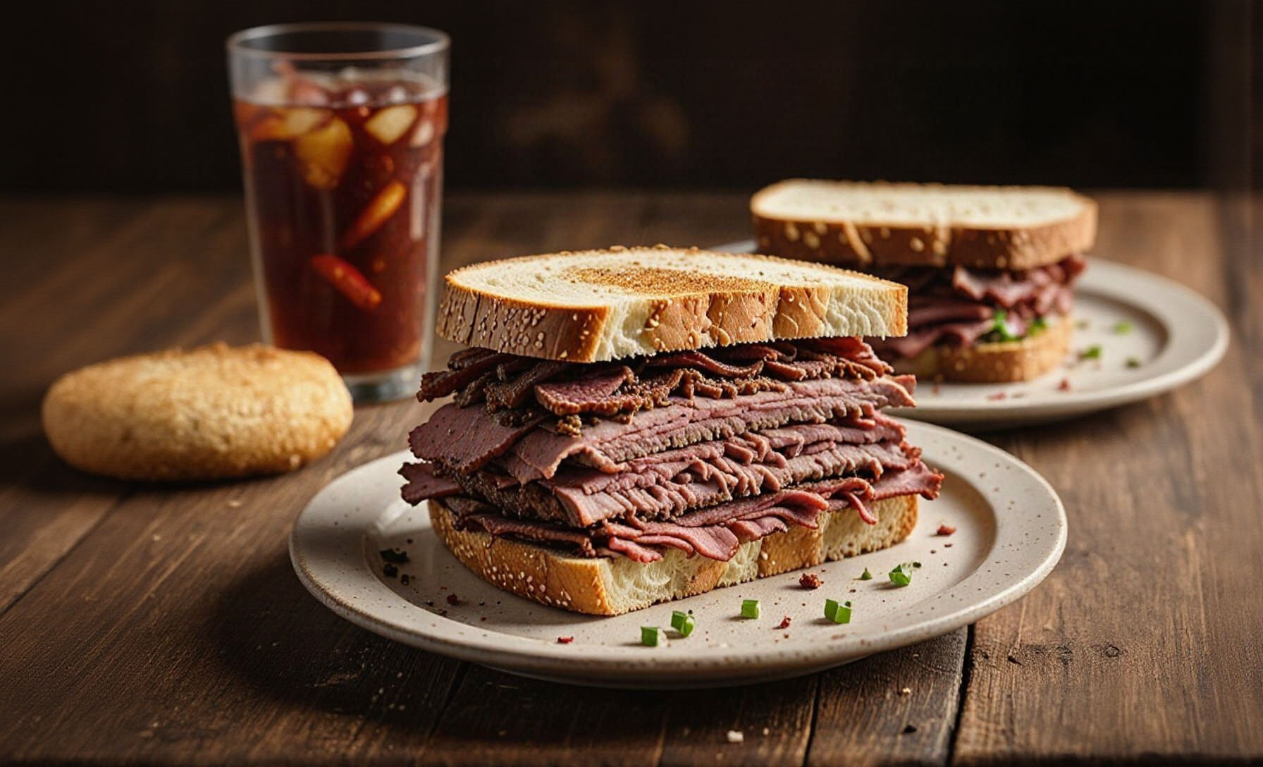 a hot pastrami sandwich sitting on a plate on a rustic wood table, hyper realistic