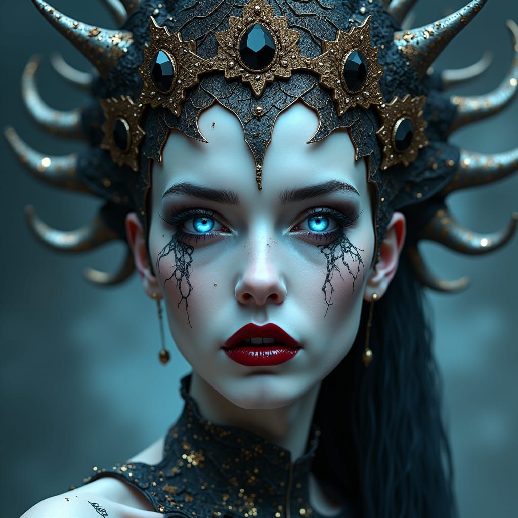 <lora:WEFx:1.0> A striking, ethereal portrait of a gothic queen, her face a delicate mixture of smooth porcelain and cracked stone, highligh...