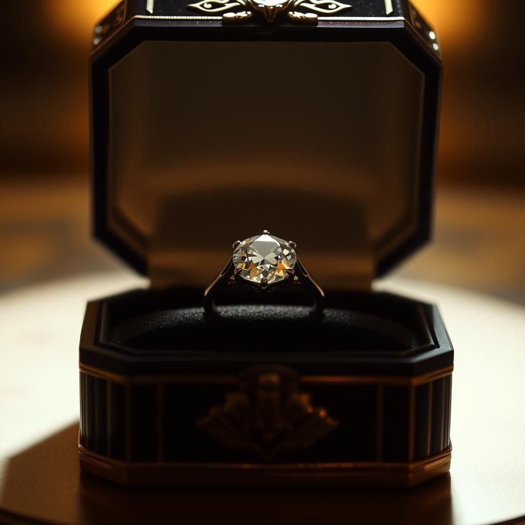 art deco diamond engagement ring in a ring box Cinematic fil...