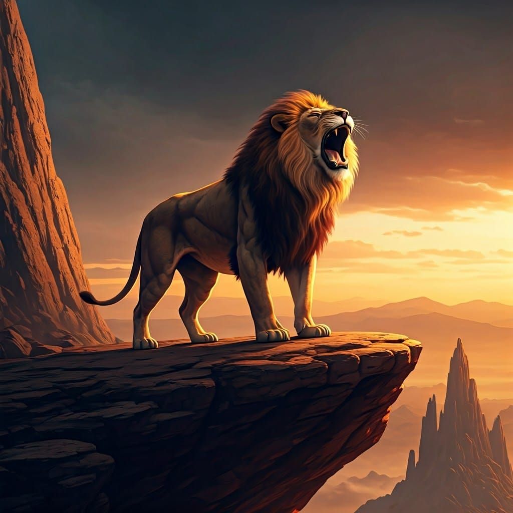 Regal Lion Dominates Ancient Cliffside in Golden Dusk