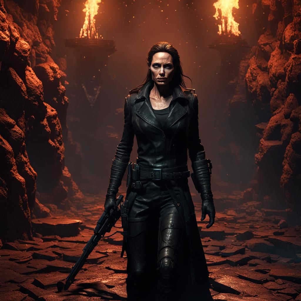 Angelina Jolie dressed in leather in the Descent Into Hell b...