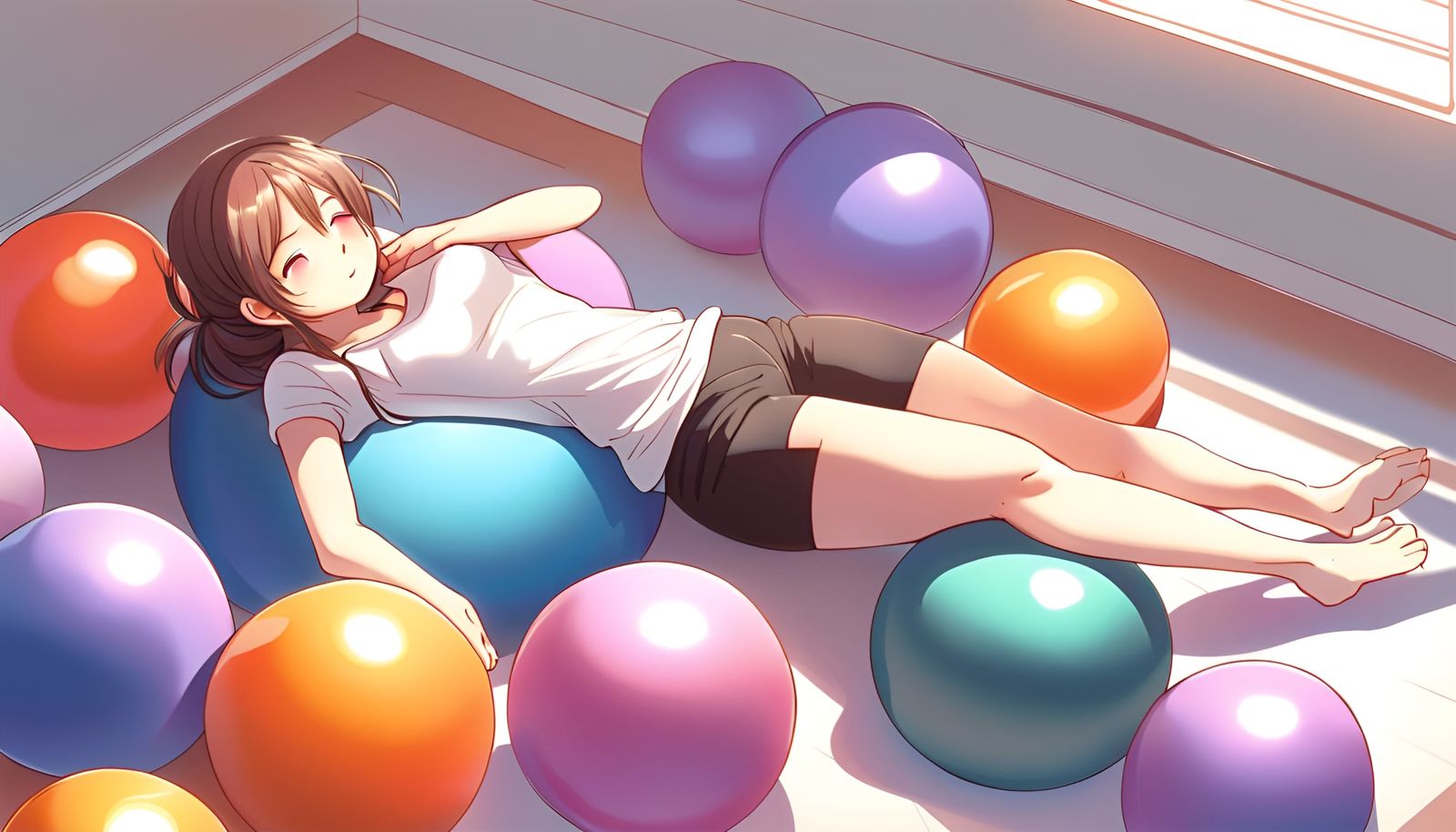 A Girl lying on yoga ball, more yoga balls around her in a well lit room by  artist 