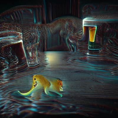 A dolphin and a lion drink lager in a pub when it's dark out...