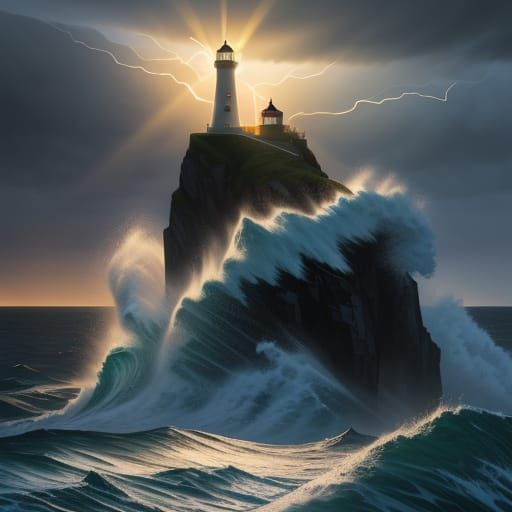 : A lone lighthouse stands defiant against a raging storm, its beam cutting through the darkness like ...  by @undefined