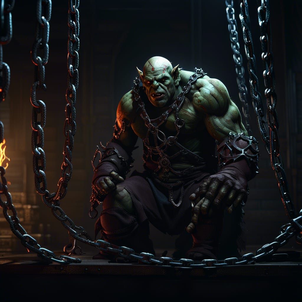 An orc, binded by chains, in a dark room