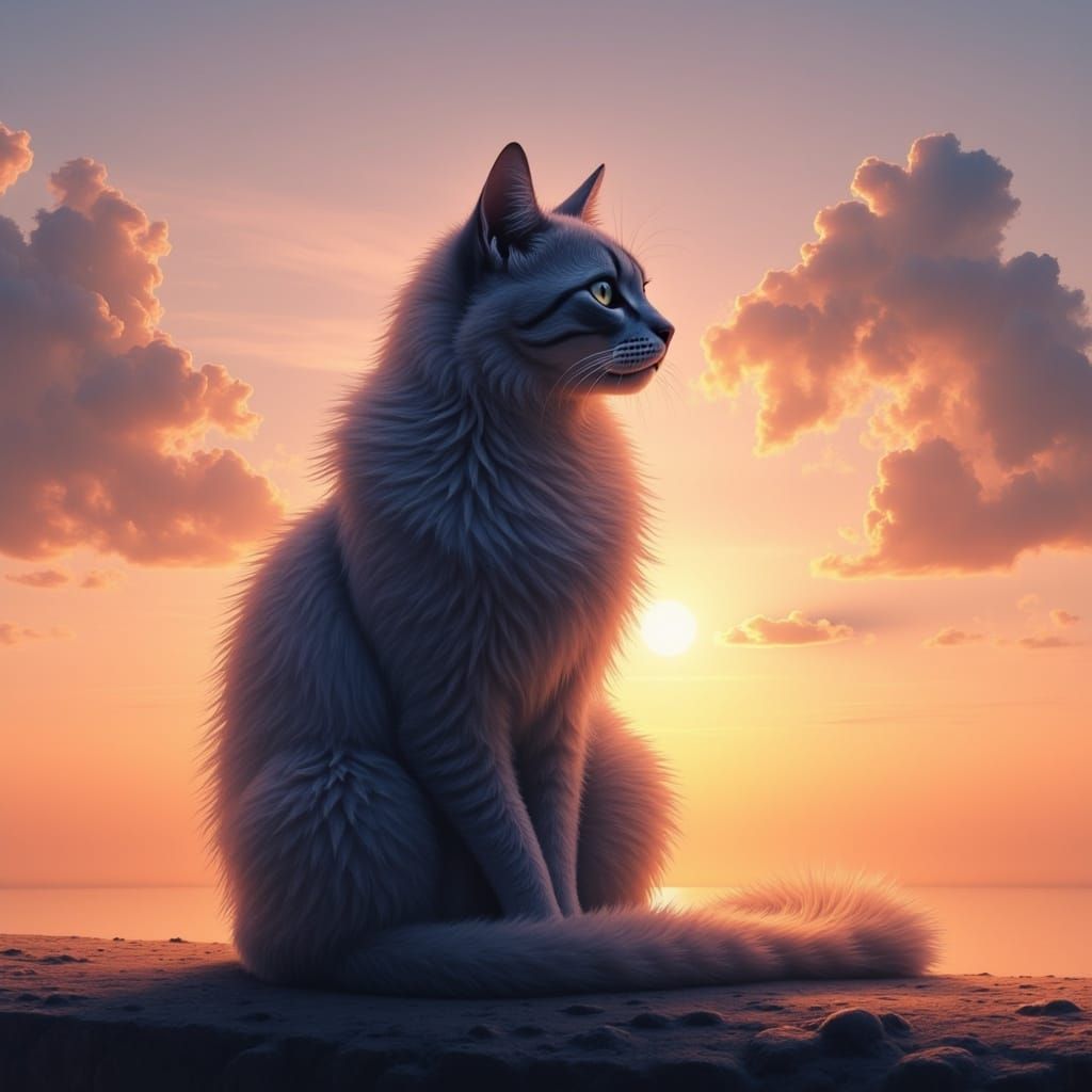 Cat in Sunset Sky: Whimsical Dreamscape