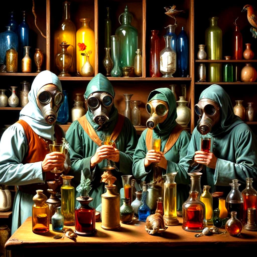 Surrealistic Glassware and Whimsical Twilight Scene in Retro...