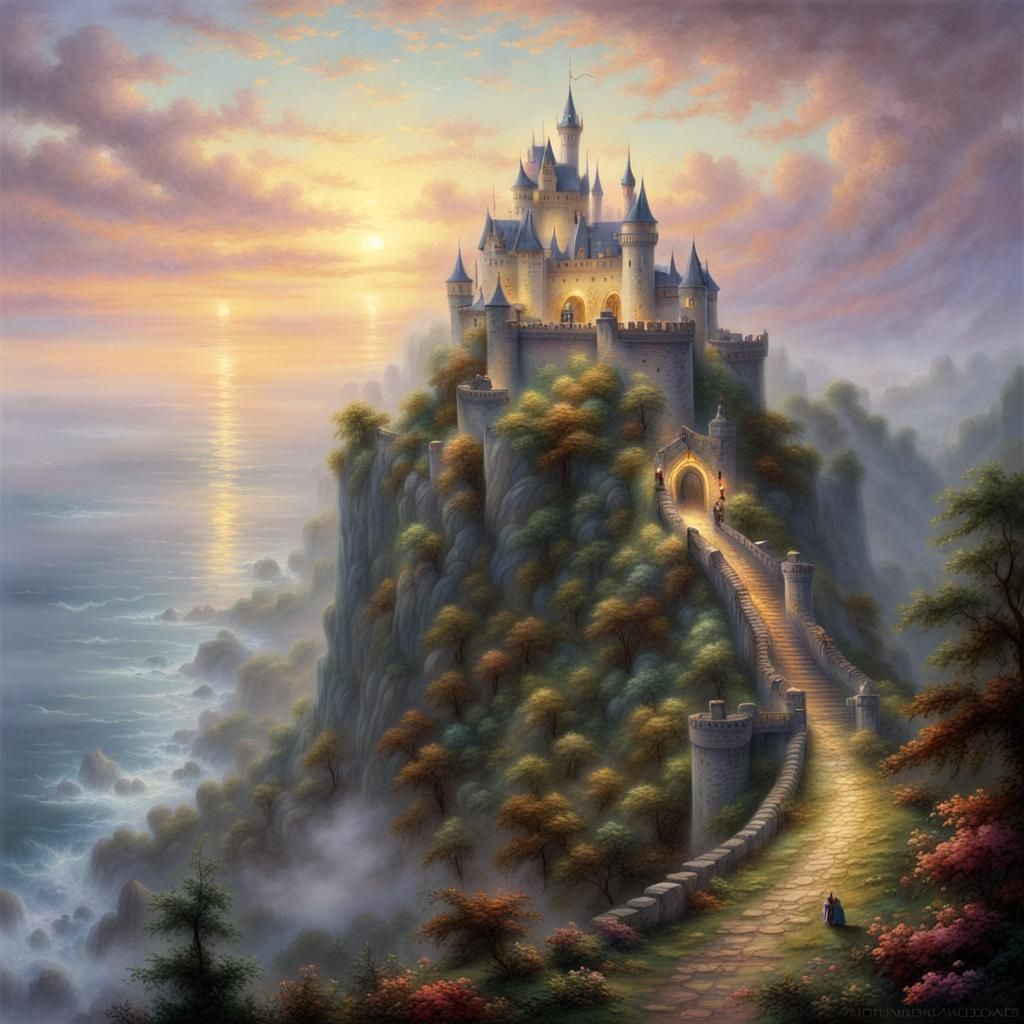 Magnificent castle on a cliff edge with distant dragons visi...