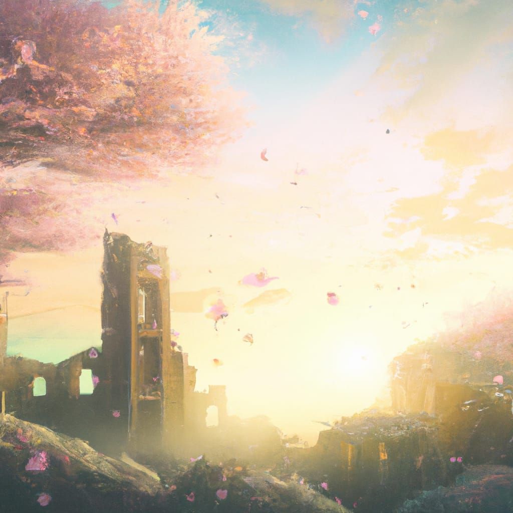 Ruins surrounded by cherry blossom during sunset