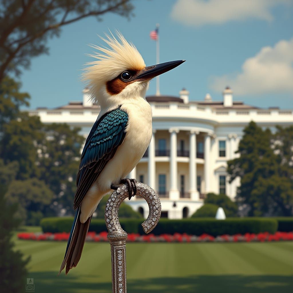 Australian Kookaburra Perched on Diamond-Encrusted Silver Ca...