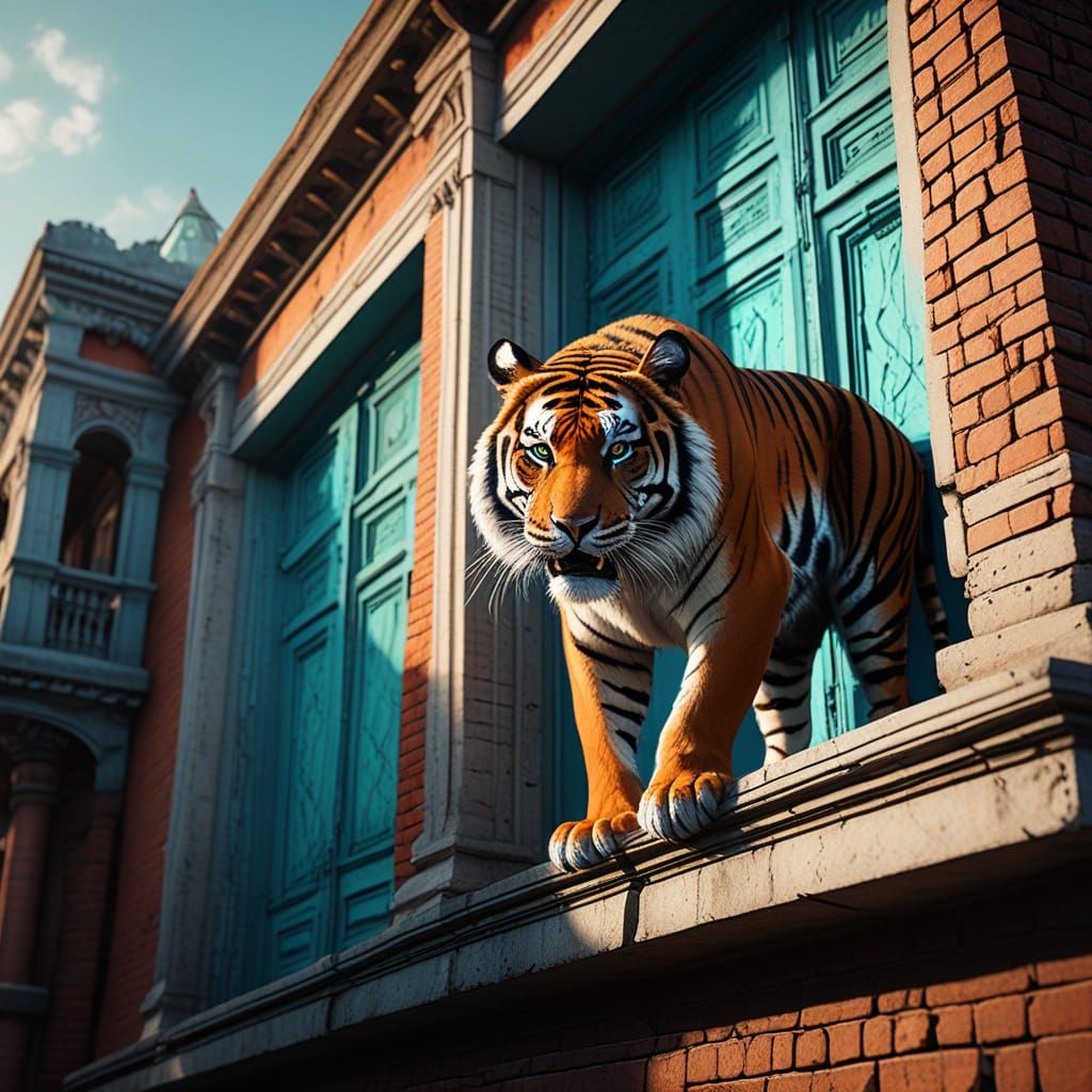 Tiger Ascends Urban Skyscraper in a Swirl of Color and Light