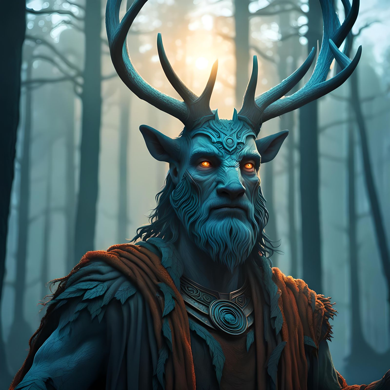 humanoid antlered forest god, robes, setting sun, mist in th...