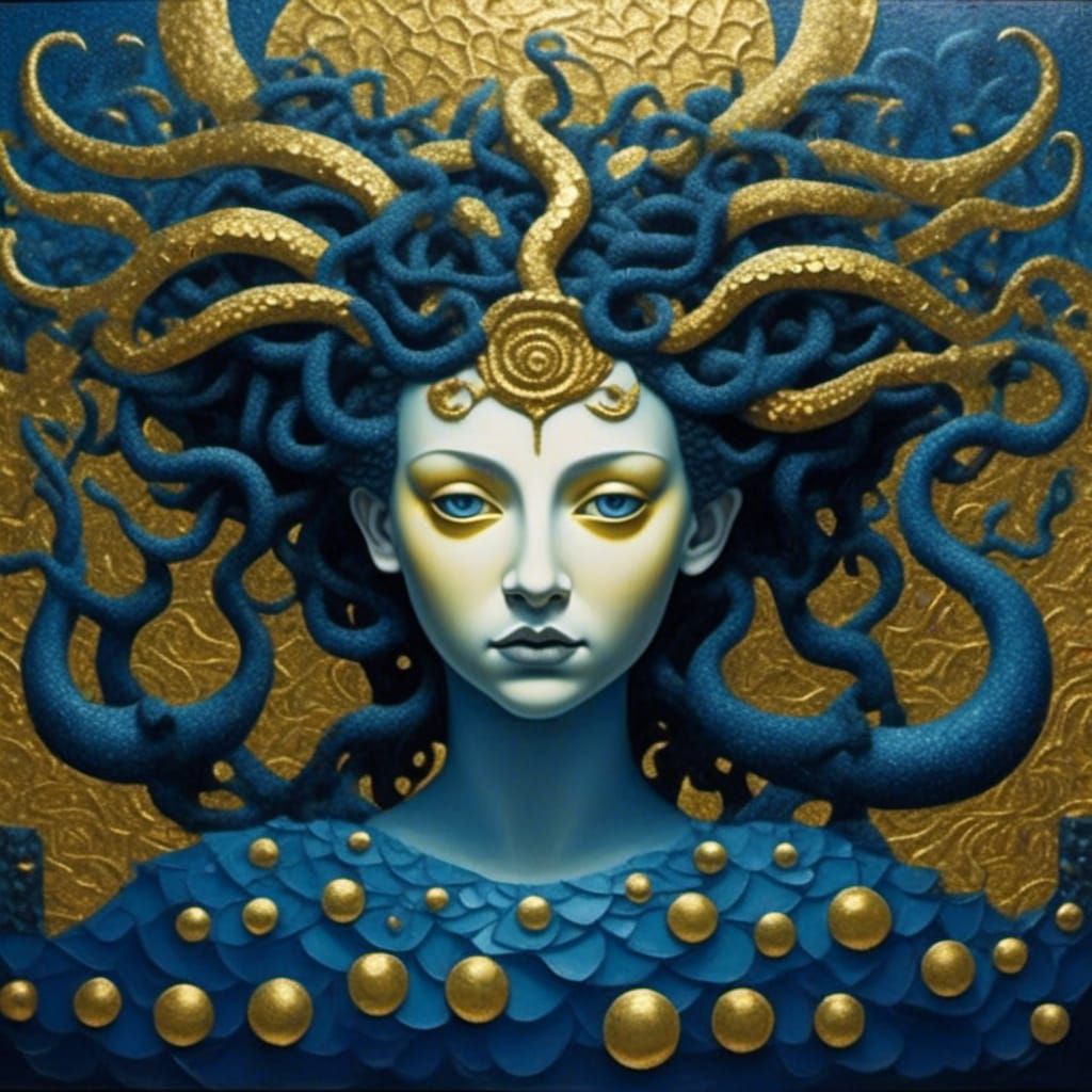 Haunting Medusa Portrait with Gold Iridescent Scales