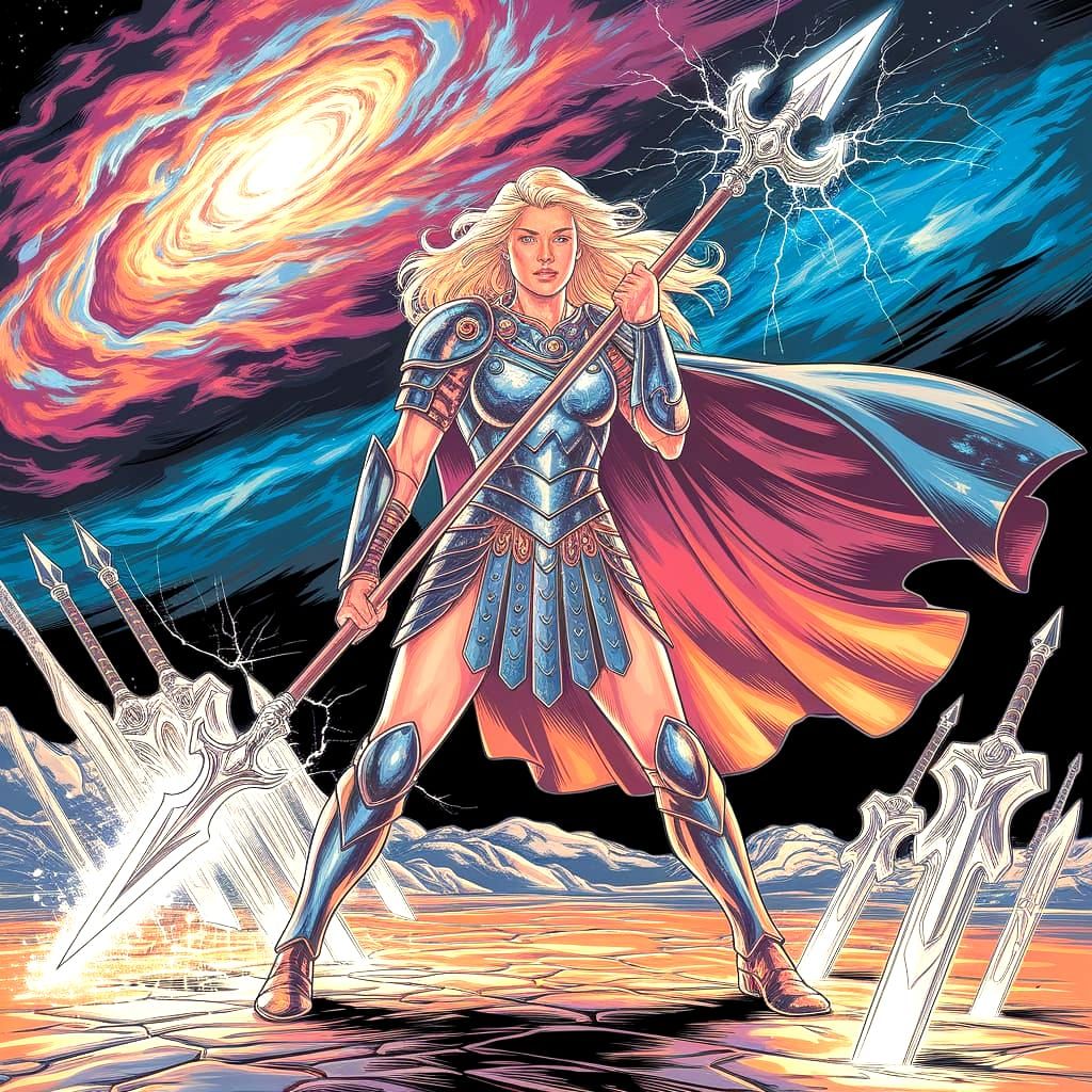 A powerful Valkyrie warrior stands on a battlefield strewn with glowing, otherworldly weapons. She is clad in ornate armor adorned with cele...