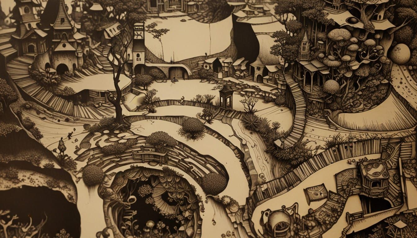 Intricate Fantasy Realm in Whimsical Pen and Ink Style