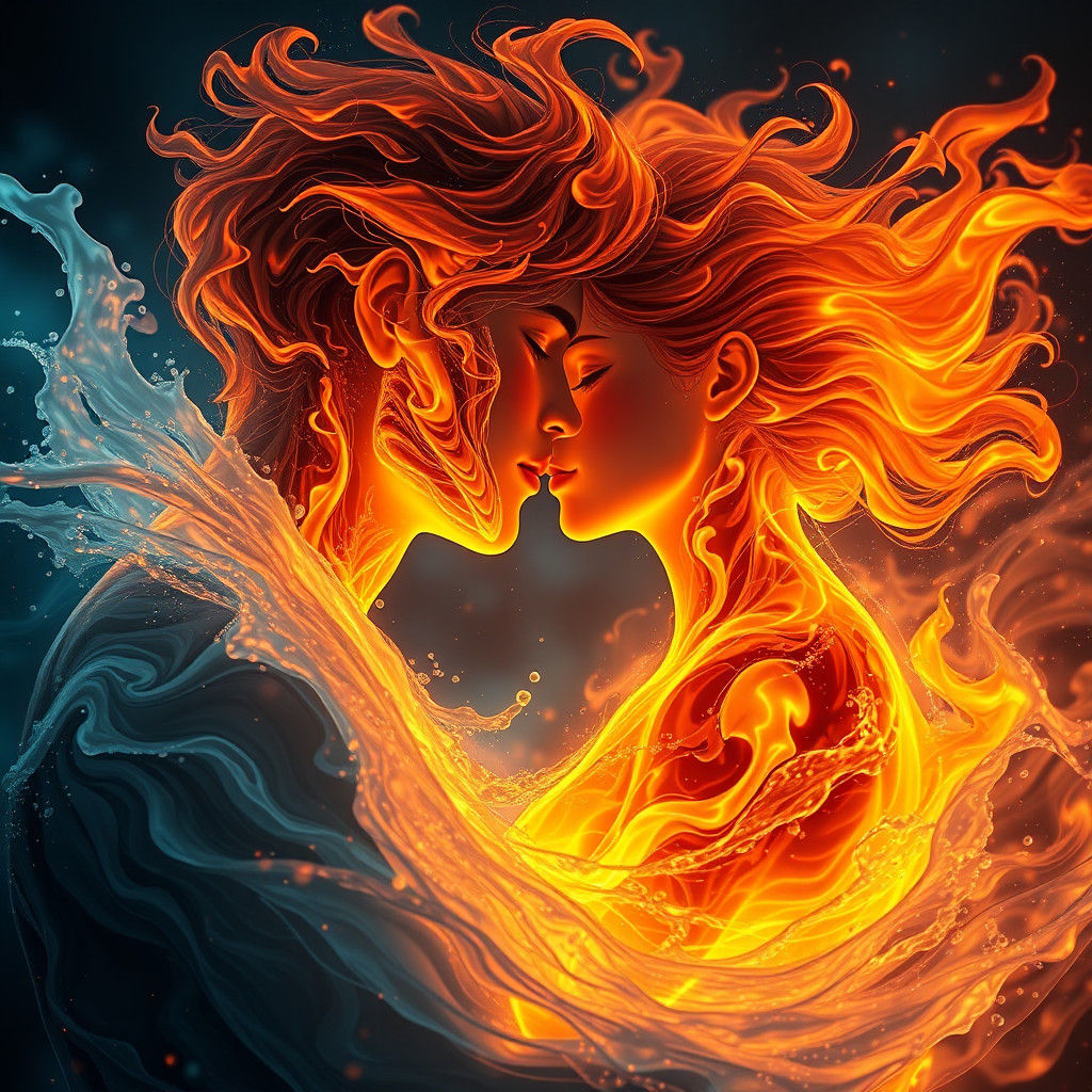 Flaming Girl Kissing Water Boy: Fantasy Concept Art
