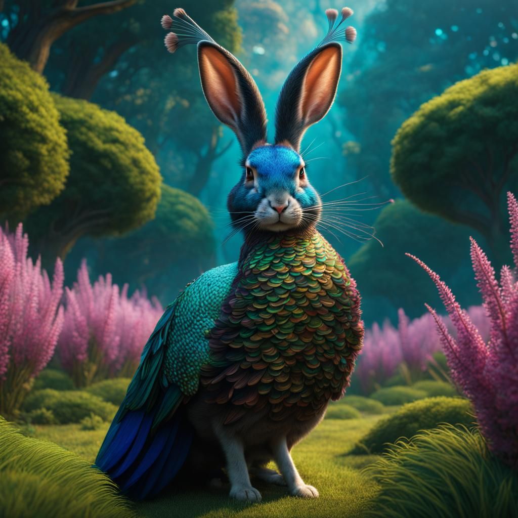 rabbit peacock hybrid, fantasy, cinematic, atmospheric, mast...
