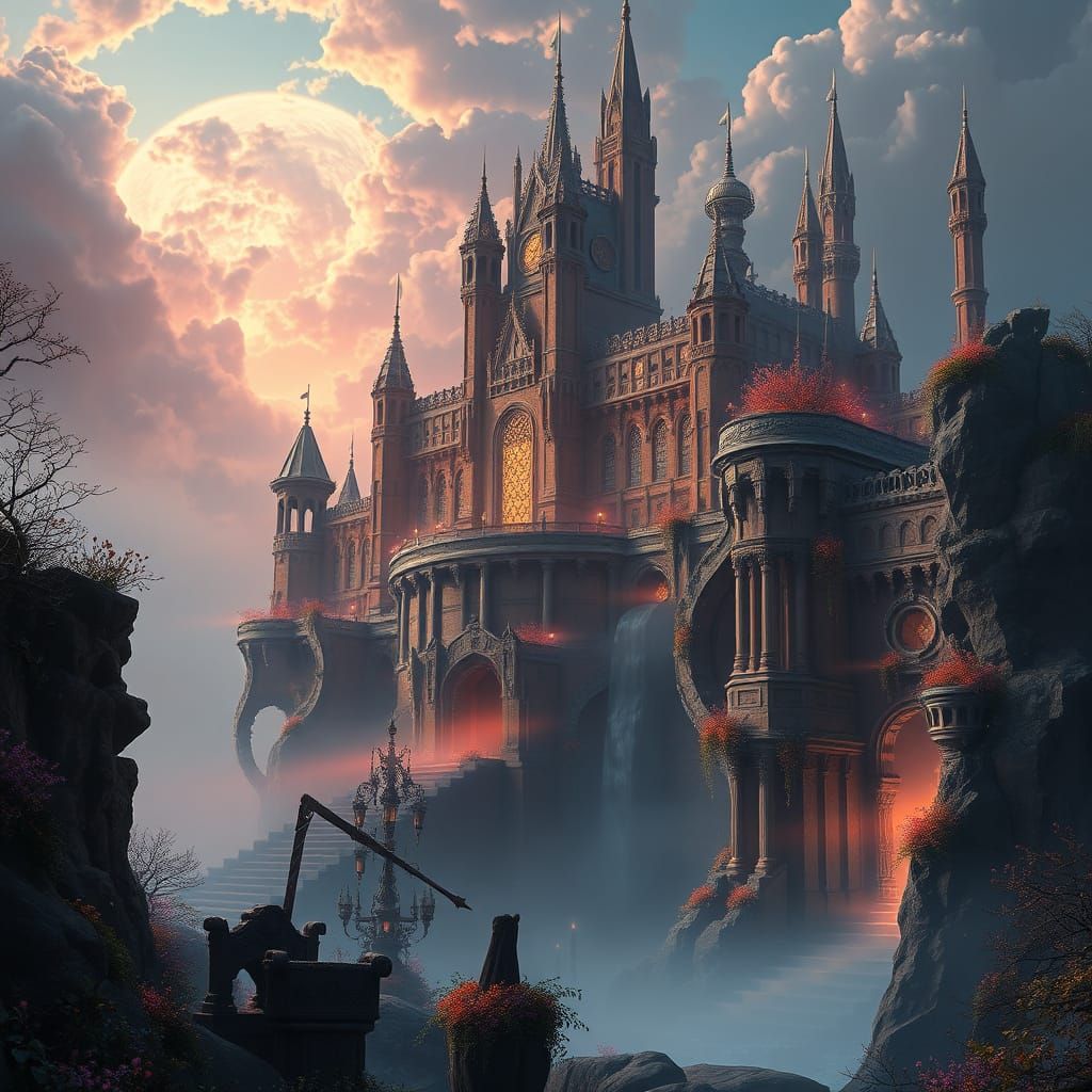 Majestic Castle Ruins in a Vibrant, Iridescent Fantasy Realm