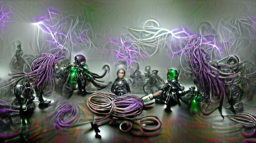100 wire,100 Cyborg fighting against 1000 tentacles, Liquide...