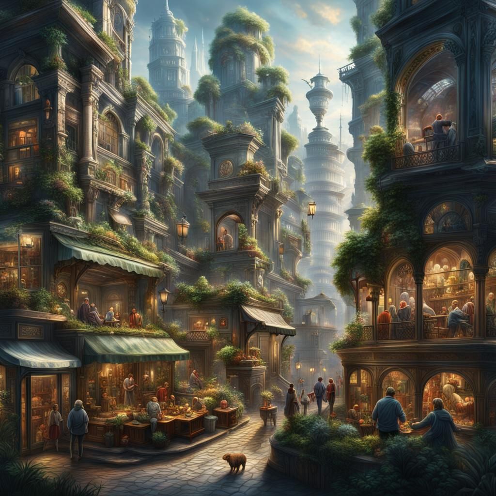hyperdetailed city terrarium with people and animals Epic ci...
