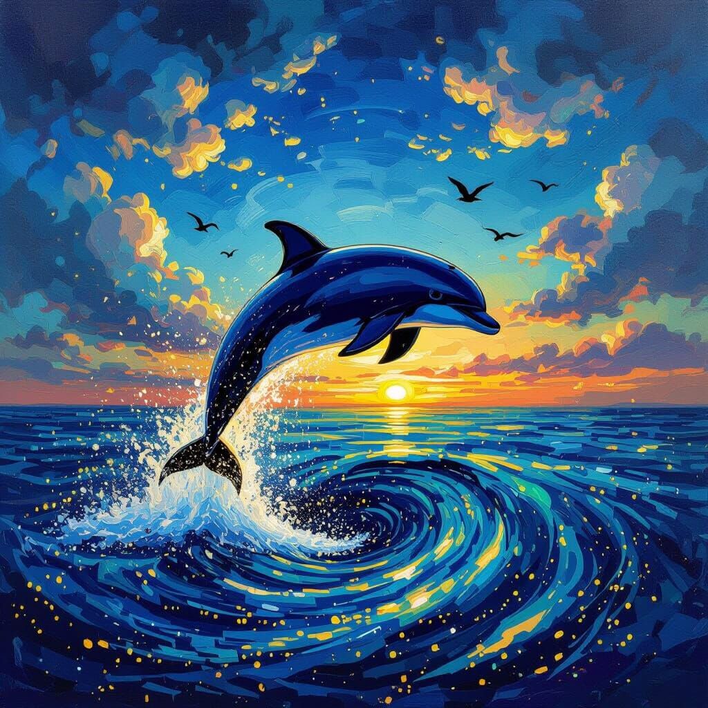 A majestic dolphin leaps from a swirling vortex of bioluminescent plankton, its body silhouetted against a blue sky with fluffy clouds. Ther...