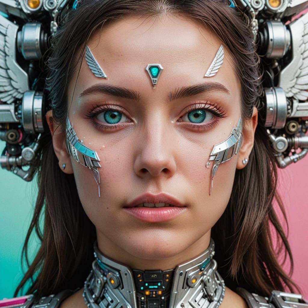 A close up of a woman's face half of which is a woman under 30 years-old and other half machine, there are wings behind her one white and th...