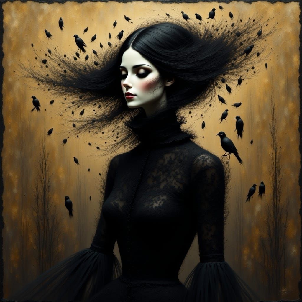 gothic woman, black dress, mysterious, in the style of Andy Kehoe and Tim Burton<lora:GothicDreamV2:1.0> 