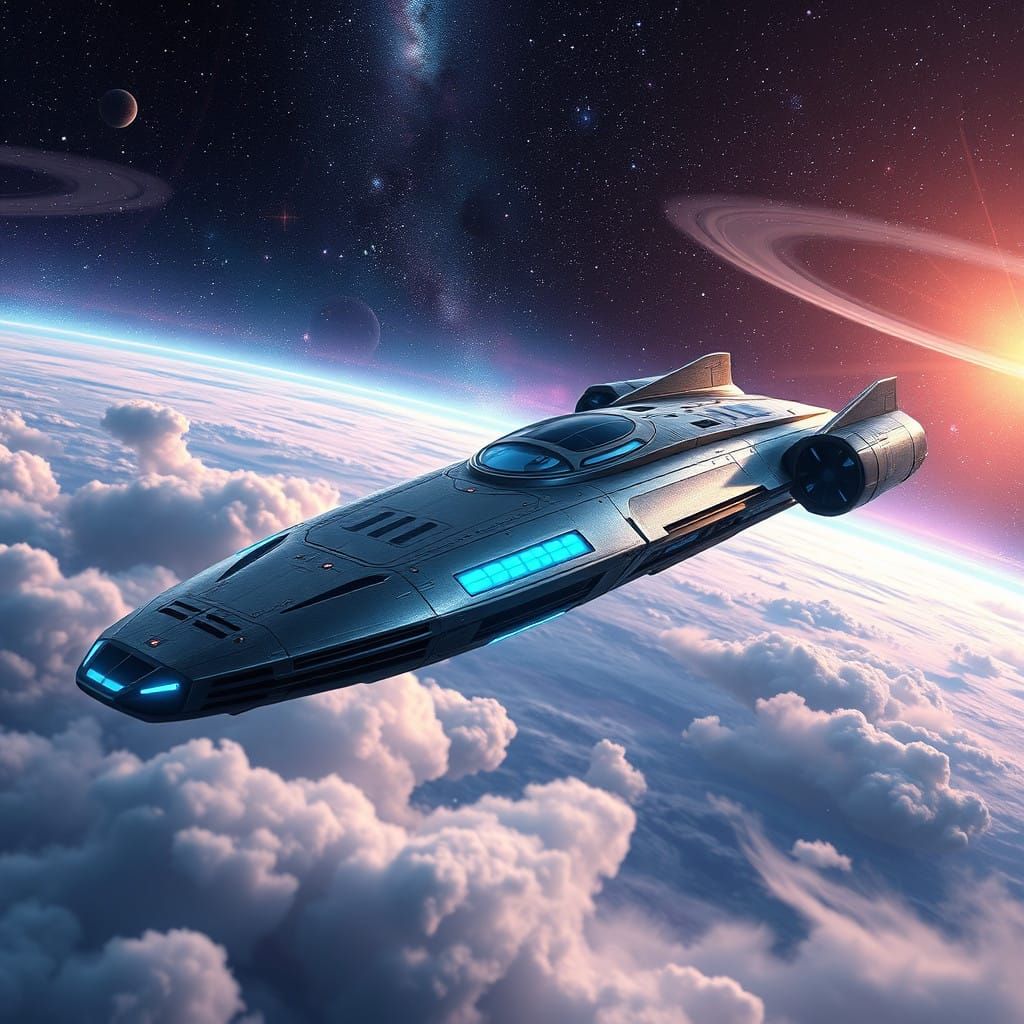 Sleek Silver Spaceship Soars through Vibrant Galaxy in Futur...
