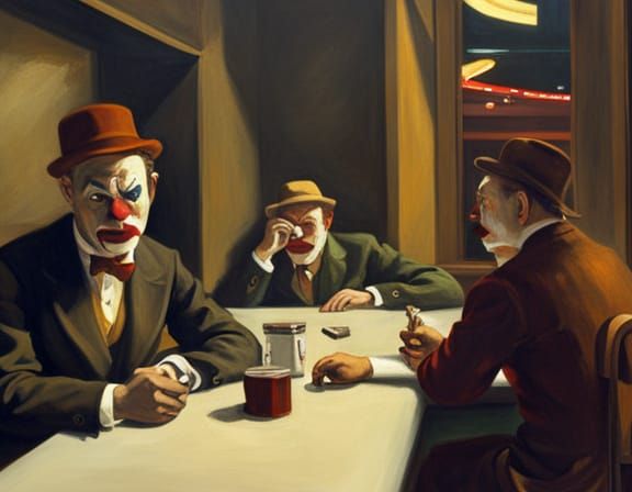 when clowns go banking in the underworld, detailed oil painting, edward hopper