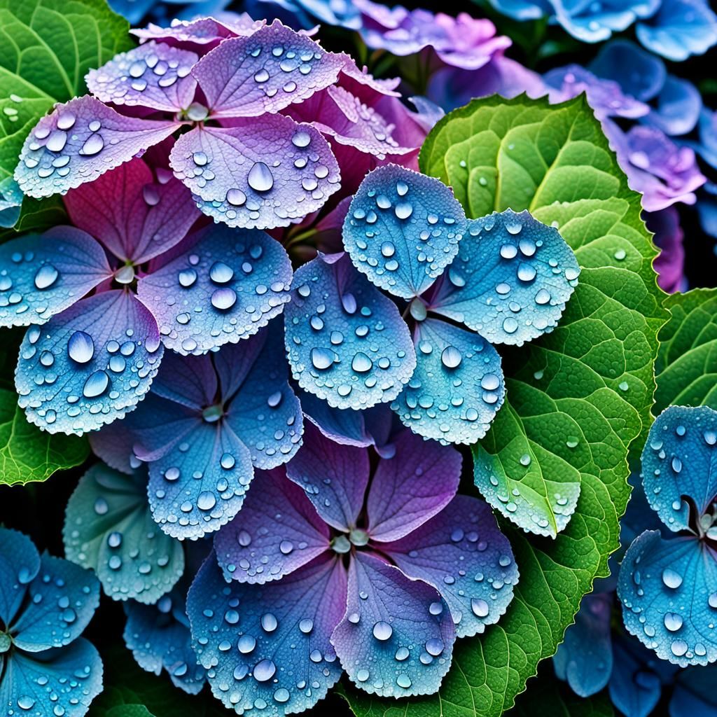 Morning dew on a hydrangea plant  by @Litnut17