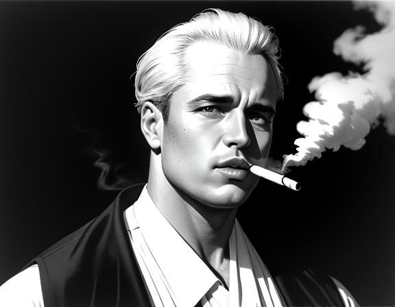 a black and white photo of a man smoking a cigarette, marlon...