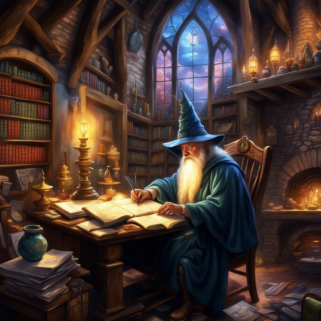 A wizard at his table in his tower studying magic  by @Mommakuma
