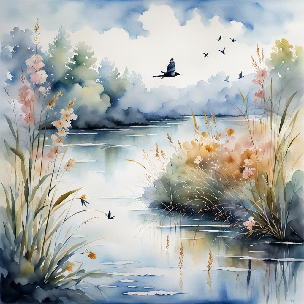 Idyllic Riverbank Scene in Watercolor Style