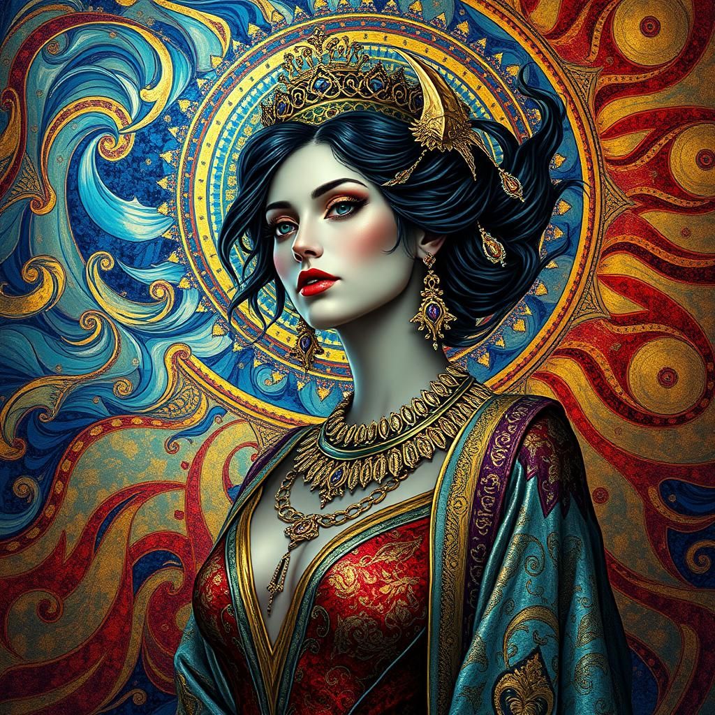 Regal Woman in Klimt-Inspired Dreamscape
